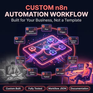 May include: A digital graphic titled CUSTOM n8n AUTOMATION WORKFLOW Built for Your Business, Not a Template. It features a central glowing neon diagram of a workflow connected to ten numbered steps including Share Requirement, Plan, Trigger, Custom Build, Connect Apps, AI Logic, Tested, JSON + Docs, Your API Keys, and Revisions.