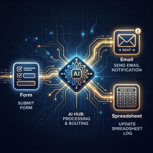 May include: A digital flowchart diagram on a dark background showing a central AI hub icon connected by glowing lines to a form icon labelled SUBMIT FORM, an email icon labelled SEND EMAIL NOTIFICATION, and a spreadsheet icon labelled UPDATE SPREADSHEET LOG.