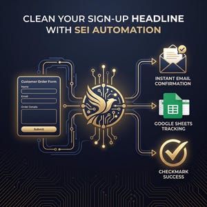 May include: A digital infographic titled CLEAN YOUR SIGN-UP HEADLINE WITH SEI AUTOMATION. It displays a customer order form connected to a central gold phoenix circuit icon, which branches out to icons for instant email confirmation, Google Sheets tracking, and checkmark success.