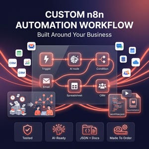 May include: A digital graphic titled CUSTOM n8n AUTOMATION WORKFLOW Built Around Your Business. It features a central flow chart with glowing orange icons for Trigger, AI node, Condition, Email, Spreadsheet, and CRM, surrounded by various app icons.