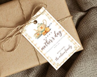 Muttertags-Teeparty-Geschenkanhänger druckbare, elegante Vintage Teetasse Dankeschön-Tag, bearbeitbare Gingham Floral Mom Favor Label, sofortiger Download