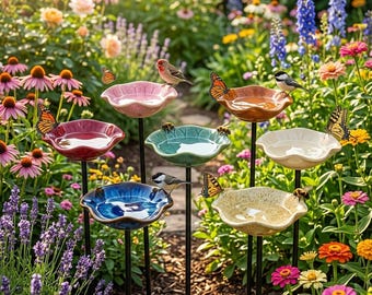 Keramik-Kolibri-Futterstation & Bienentränke-Pfahl - Blumen-Vogelbad - Schmetterlingsbecken - Bestäuberfreundliche Gartendekoration - Gartengeschenk