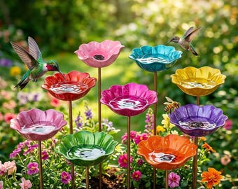 Ceramic Hummingbird Feeder & Bee Water Station Stake - Flower Bird Bath Butterfly Puddler - Pollinator Garden Decor - Yard Art Gift
