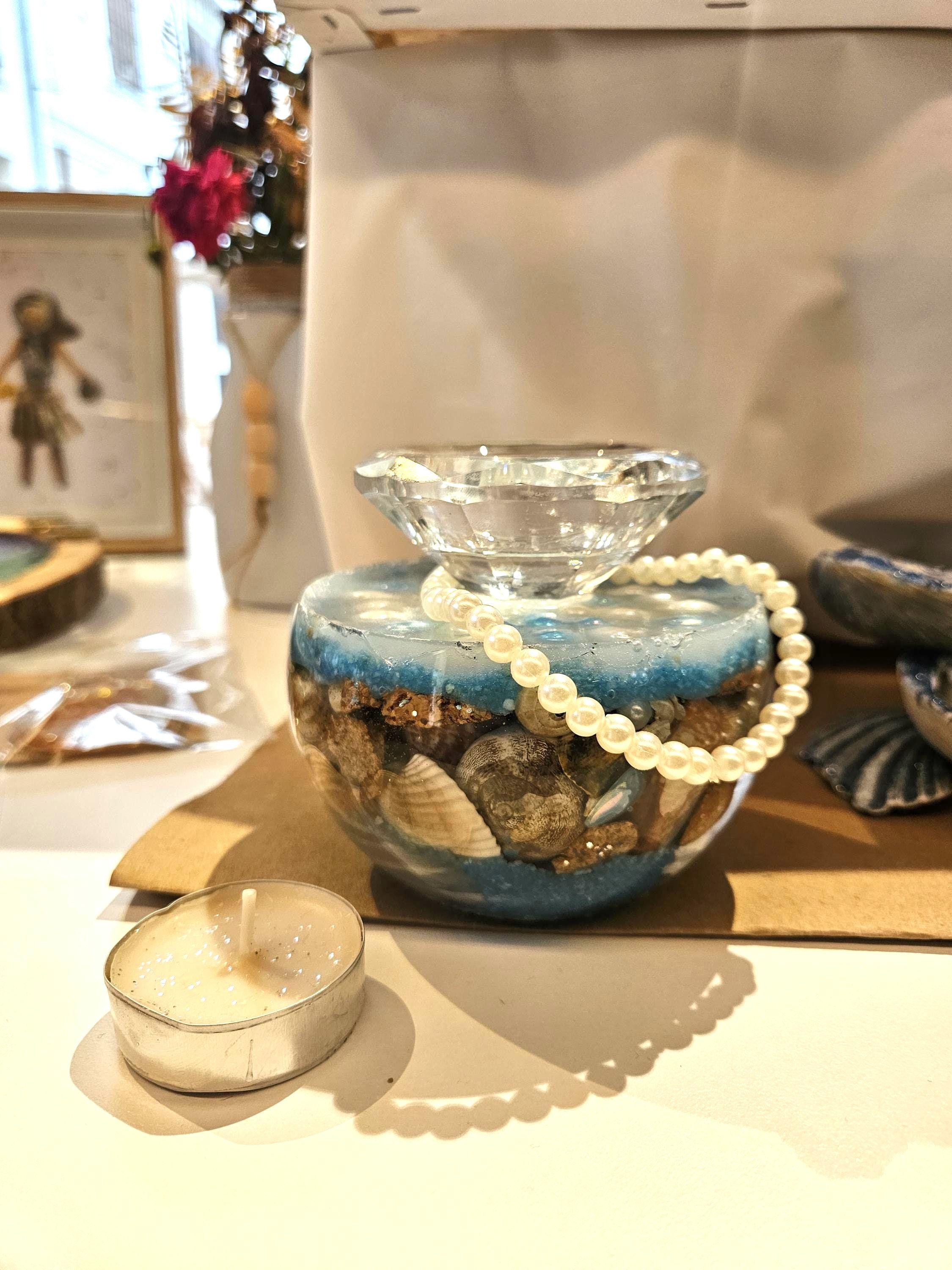 手作りの海をテーマにしたキャンドルホルダー（小さな小石付き）｜貝殻