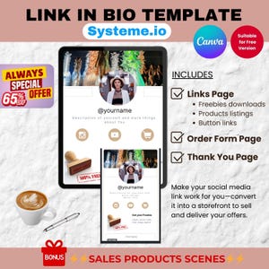 Plantilla Systeme.io.  Link in Bio. Pag de Ventas. Enlace a redes sociales. Página de destino. Marketing digital. Editable