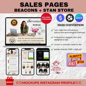 Plantilla página de ventas apta para Beacons o Stan Store. Editable en Canva. Listos para personalizar. Alta Conversion