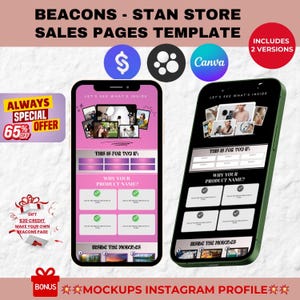 Dwustronicowe szablony dla Beacons i Stan Store. Kolory czarny i różowy – łatwa sprzedaż produktów cyfrowych