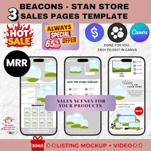 3 Páginas de Venta editable en Canva. Plantillas para Beacons y Stan Store. Editable, Profesional y Descarga Digital. MRR