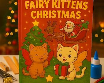 May include: A children's book titled "Fairy Kittens Christmas" with illustrations of Santa Claus, reindeer, a Christmas tree, and fairy kittens. The book is red and green with the text "MagicBooklet" at the bottom. Other art supplies are in the background.