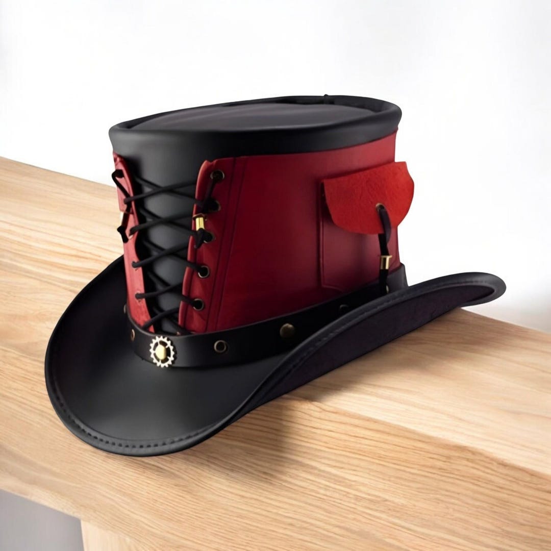 Handmade Leather Steampunk Top Hat Red Panel Black Brim Pocket Etsy handmade-leather-steampunk-top-hat-red-panel-black-brim-pocket-etsy