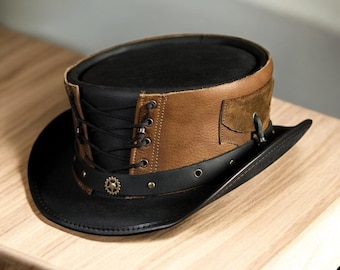 Chapéu alto de couro steampunk feito à mão: Cosplay gótico vitoriano