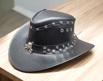 Studded Skull Black Leather Cowboy Hat: Gothic Western Style
