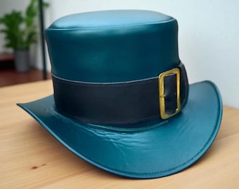 Sombrero Outback de cuero verde azulado: ala ancha estilo vaquero, hebilla ajustable