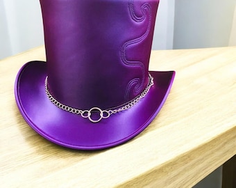 Sombrero de copa de cuero hecho a mano, estilo victoriano steampunk morado con cadena, estilo gótico.