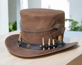 Handmade Brown Leather Steampunk Top Hat: Victorian Gothic Cosplay
