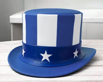 Handgemachte Leder Hut, Blau Weiß Gestreift Hut, Vaterländische Sterne, Festival Stil