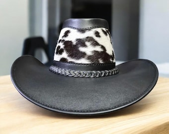 Schwarz Leder Rindsleder Cowboy Outback Hut Handgefertigte Breite Krempe Western Hut
