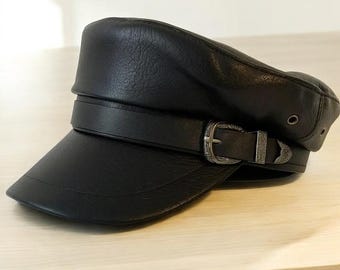 Leather Military Cap Genuine Leather Black Biker Casual Vintage Style Handmade