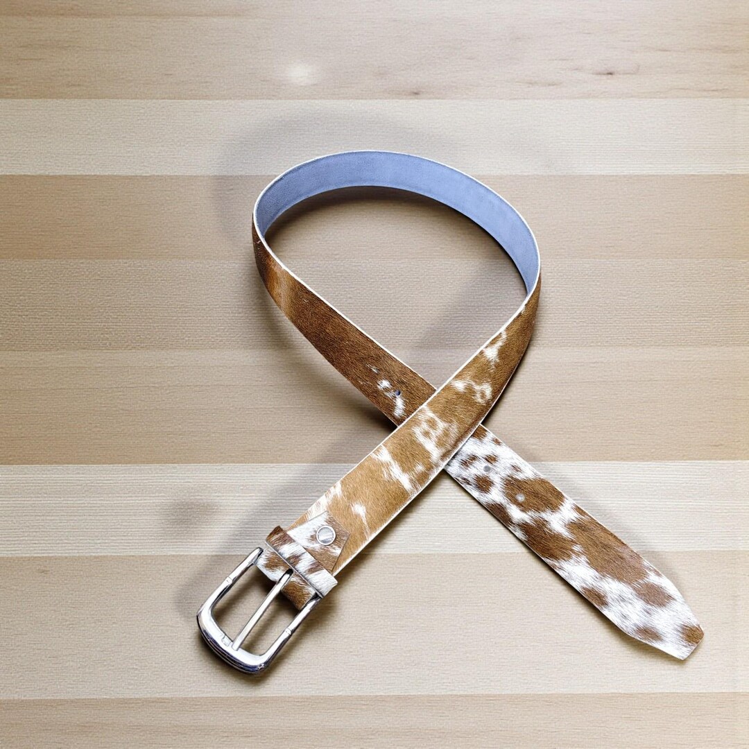 Handmade Pony Hair Belt, Cowhide Leather, Light Brown White  display picture 2