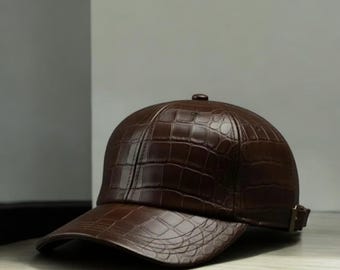 Krokodilprägung Leder, Dunkelbraun, Baseball Kappe, Handgefertigter Unisex Luxus Streetwear Hut
