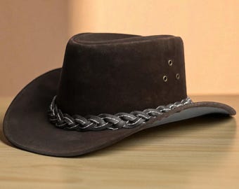 Handmade Brown Suede Outback Hat: Braided Leather Band  display picture 1