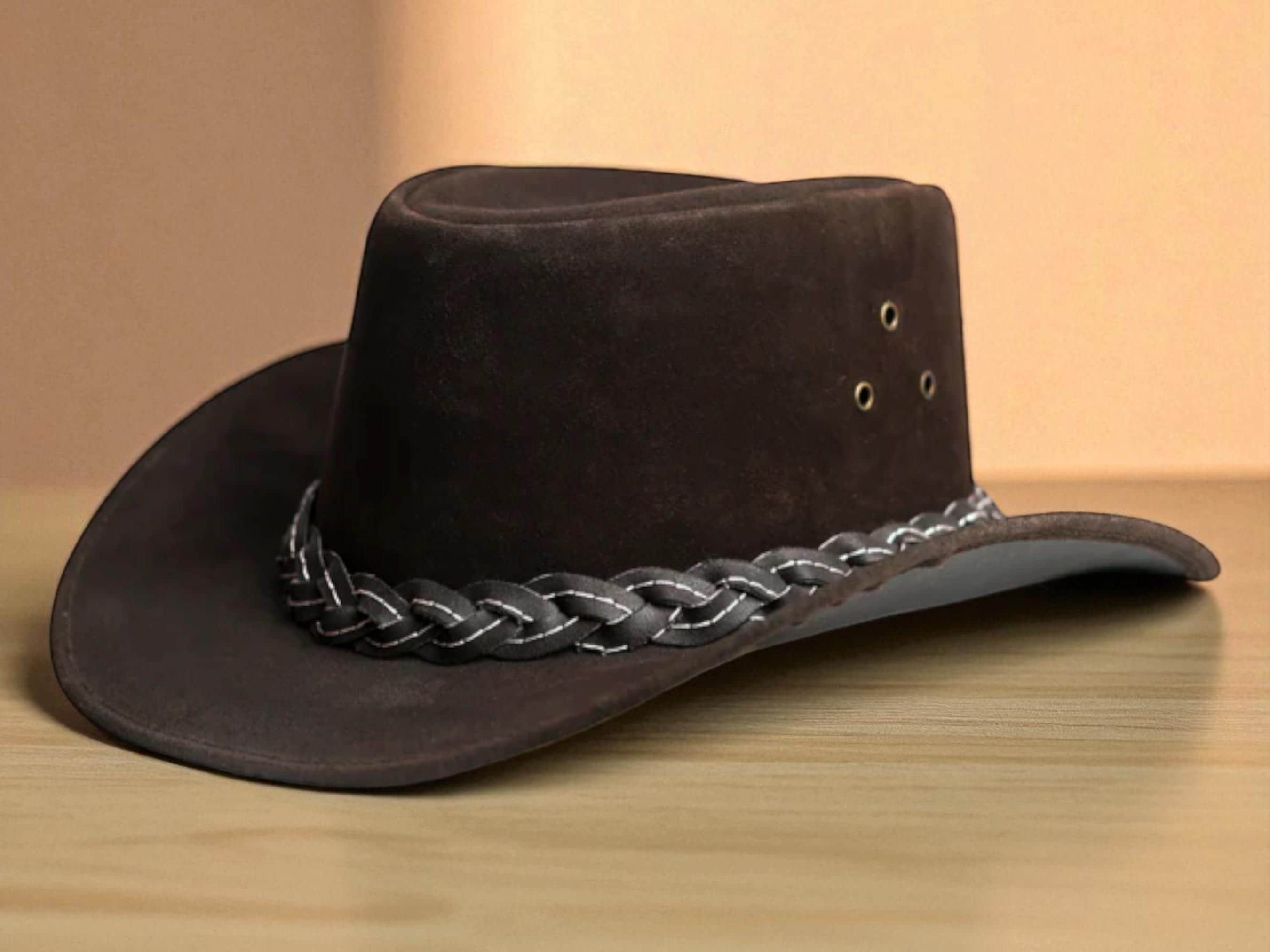 Handmade Brown Suede Outback Hat: Braided Leather Band  display picture 3