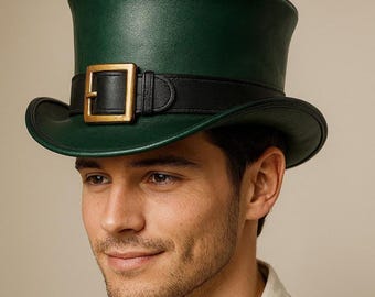 Green Leather Steampunk Top Hat: Handmade Victorian Cosplay Accessory