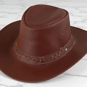 Genuine Cowhide Western Hat | Men Brown Leather Outback Hat | Handmade Cowboy Bush Hat | Wide Brim Hat | Gift for Him | Safari Hat | Men Hat