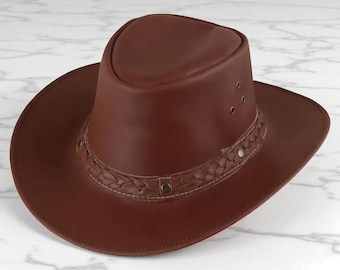 Chapéu Outback de couro de vaca marrom feito à mão: aba larga estilo western