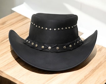 Chapeau Outback en cuir noir fait main : bord clouté de cow-boy occidental