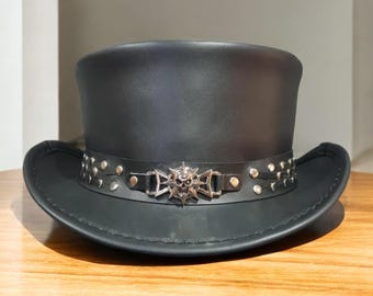 Black Leather Steampunk Top Hat Gothic Skull Cowboy Handmade Western Rocker Hat