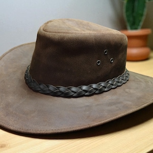 Distressed Cowboy Hat | Men Brown Leather Outback Hat | Handmade Hat | Vintage Western Hat | Braided Band Hat | Gift for Him | Men Hat | Hat