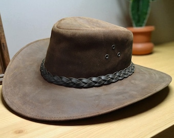 Distressed Brown Leather Cowboy Hat: Handmade Western Outback Hat
