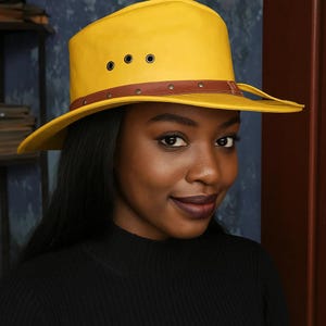Yellow Leather Outback Hat: Handmade Wide Brim Cowboy Style