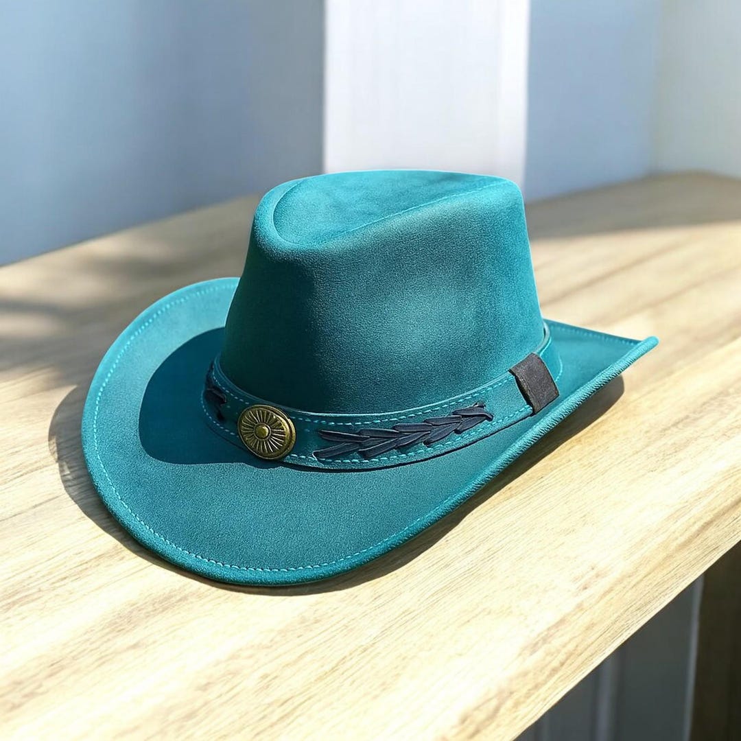 Turquoise Blue Western Outback Hat, Handmade Leather Cowboy  display picture 1