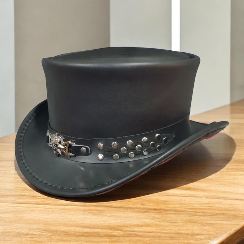 Black Leather Steampunk Top Hat Gothic Skull Cowboy Handmade Western ...