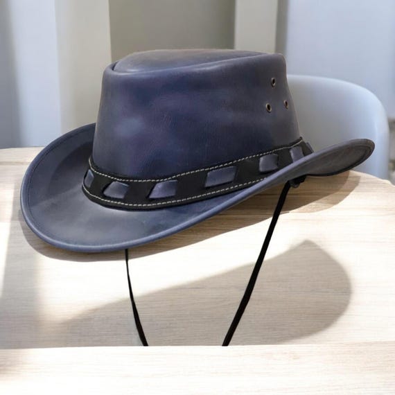 Handmade Dark Blue Leather Outback Hat: Western Cowboy Style  display picture 2