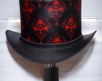 Red Studded Sun Hat: Hand-painted Crawling Skeleton, Goth  display picture 3