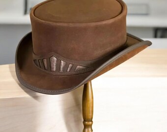 Handmade Distressed Suede Leather Top Hat, Steampunk Western  display picture 3