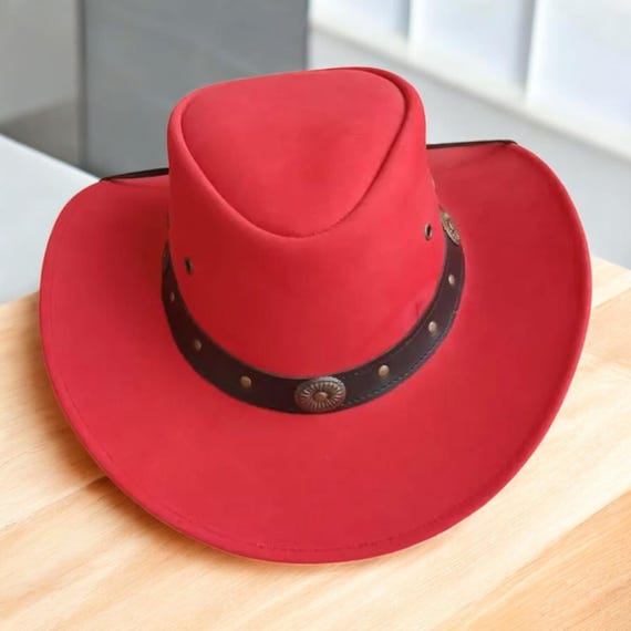 Red desert rancher style cowboy hat wide brim Made by Minga | Unisex Tall Rancher Hat | Handmade | Red  main image 4
