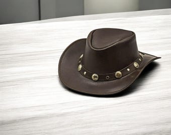 Dark Brown Western Hat, Handmade Leather Cowboy Hat, Rustic Concho Band, Outdoor Style