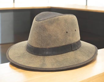 Handmade Olive Green Leather Outback Hat: Wide Brim Western Fedora