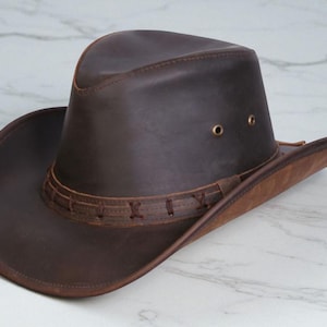 Men Brown Leather Outback Hat | Handmade Cowboy Western Hat | Genuine Cowhide Safari Hat | Wide Brim Rancher Hat | Gift for Him, Leather Hat