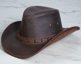 Handgefertigter Brauner Leder Outback Hut im Western Western Style mit breiter Krempe