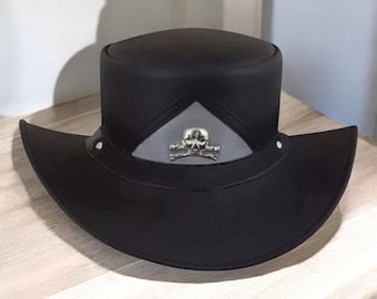 Handmade Black Leather Steampunk Pirate Hat: Skull & Crossbones Cowboy Top Hat