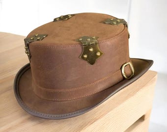 Steampunk Cowboy Leather Top Hat: Brass Accents, Cosplay Costume