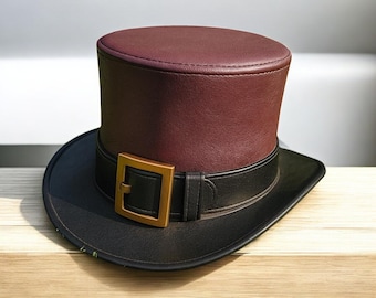 Handmade Two-Tone Leather Top Hat: Burgundy & Black Steampunk Cosplay