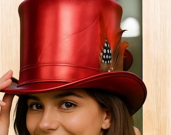 Red Faux Leather Top Hat, Handmade Steampunk Hat with Feather, Vintage Style