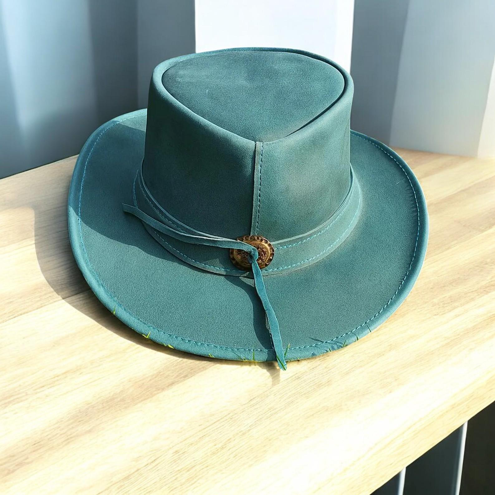 Turquoise Blue Western Outback Hat, Handmade Leather Cowboy 