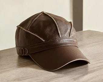 Leather Baseball Cap Genuine Leather Brown Casual Vintage Style Handmade